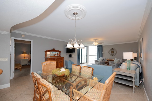 dining space featuring ceiling fan with notable chandelier, crown molding, baseboards, and light tile patterned floors