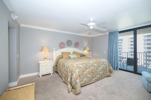 bedroom featuring access to outside, ornamental molding, carpet flooring, and baseboards