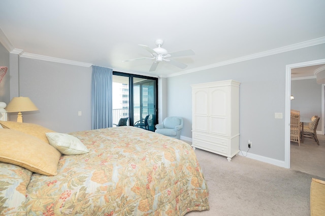 carpeted bedroom featuring a ceiling fan, access to outside, crown molding, and baseboards