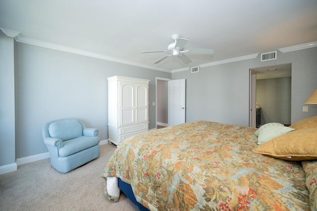 bedroom with carpet, visible vents, crown molding, and baseboards