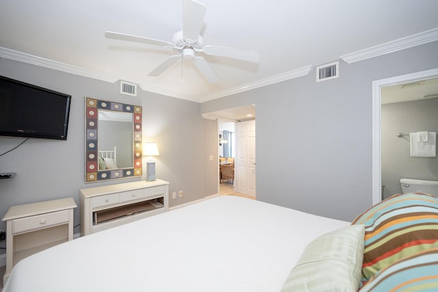 bedroom featuring ceiling fan, visible vents, and crown molding