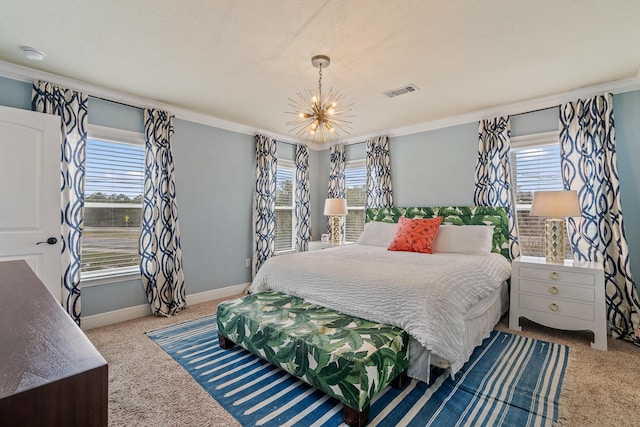 bedroom featuring light carpet, a notable chandelier, and multiple windows