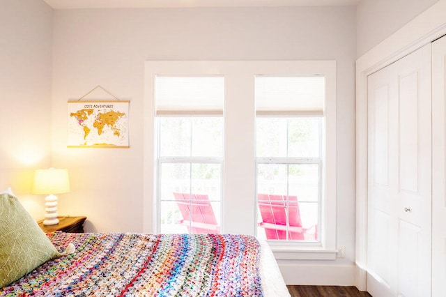 bedroom with a closet and dark hardwood / wood-style flooring