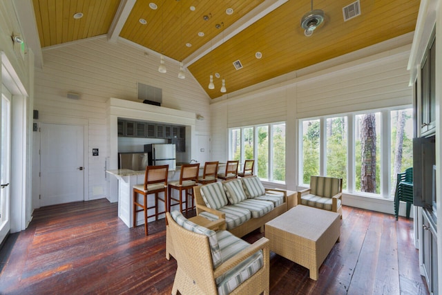 living area featuring dark wood-style floors, high vaulted ceiling, wooden ceiling, and visible vents