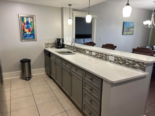 kitchen with stainless steel dishwasher, sink, kitchen peninsula, and hanging light fixtures