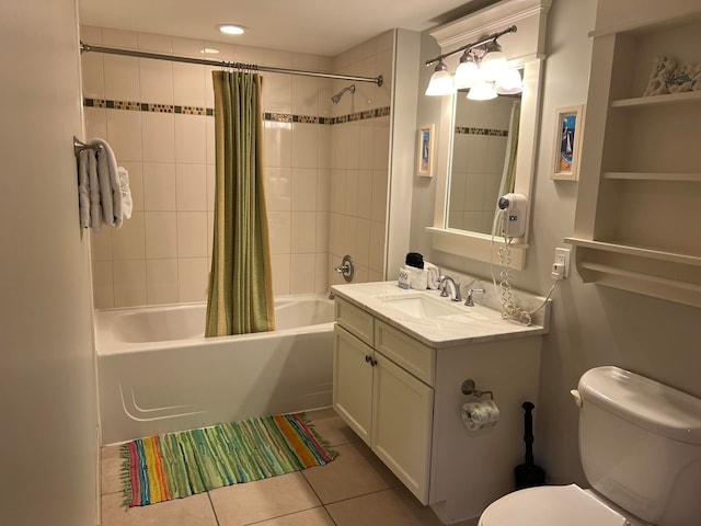 full bath featuring vanity, tile patterned flooring, toilet, and shower / tub combo with curtain