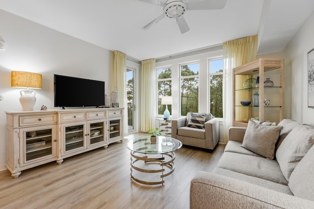 living room featuring light hardwood / wood-style flooring and ceiling fan