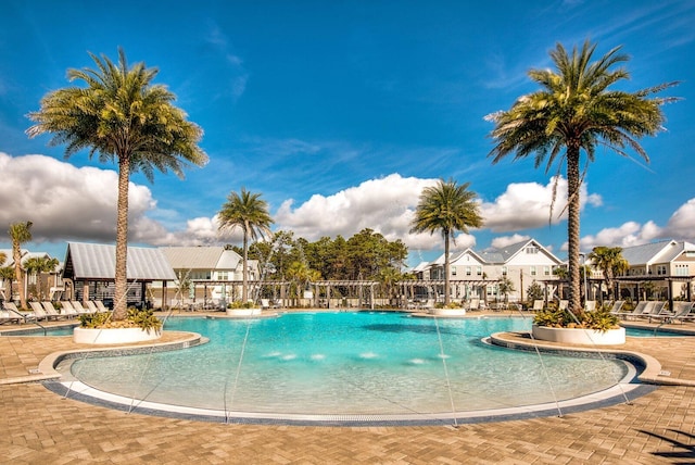 view of pool featuring pool water feature