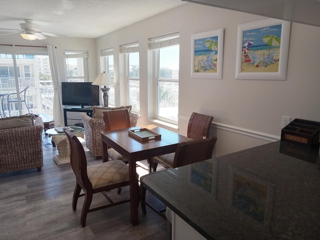 dining space with ceiling fan and dark wood-type flooring