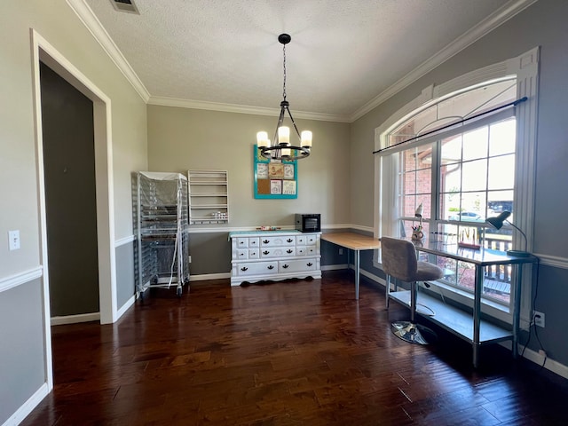 office space featuring a textured ceiling, crown molding, a chandelier, and dark hardwood / wood-style flooring