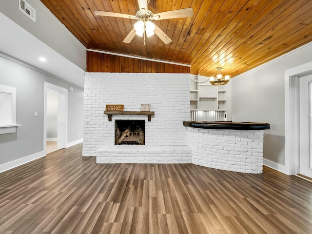 unfurnished living room with a fireplace, hardwood / wood-style floors, ceiling fan with notable chandelier, and wooden ceiling