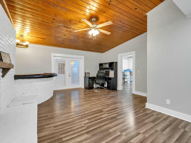 unfurnished living room with lofted ceiling, french doors, ceiling fan with notable chandelier, dark hardwood / wood-style floors, and wood ceiling