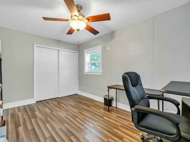 home office featuring ceiling fan and wood-type flooring