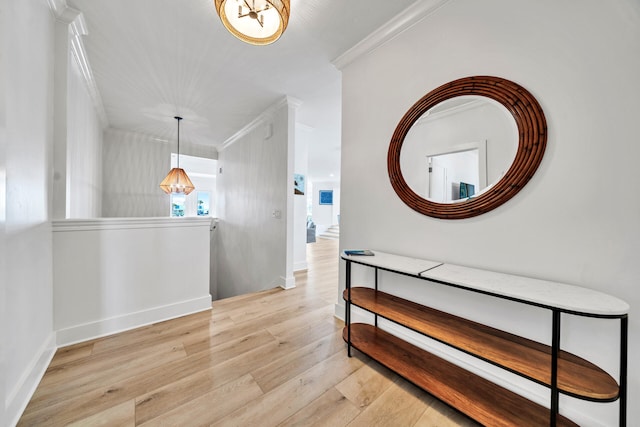 corridor with crown molding and light wood-type flooring