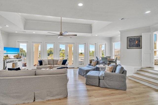 living room with ornamental molding, light hardwood / wood-style floors, a wealth of natural light, and a raised ceiling