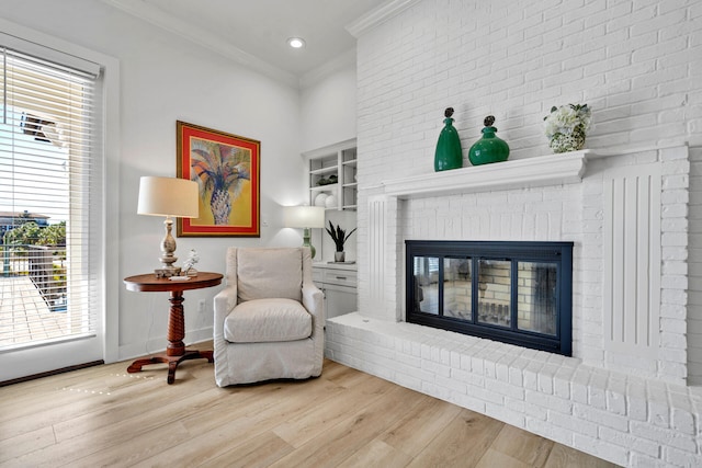 sitting room with a fireplace, light hardwood / wood-style floors, and plenty of natural light