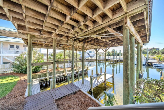 view of dock with a water view