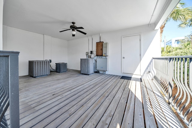 deck with ceiling fan and central air condition unit