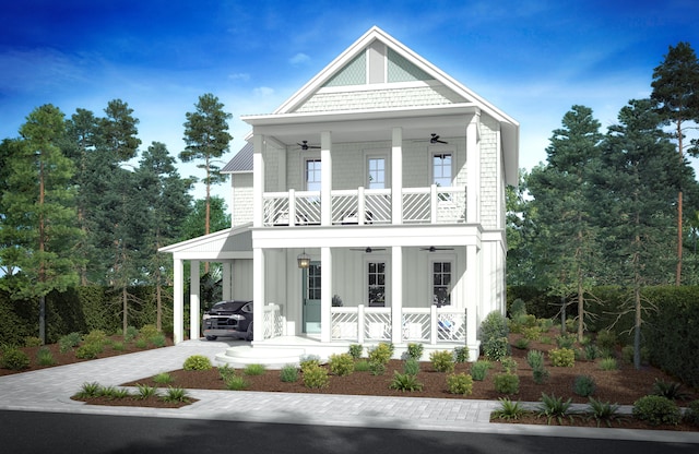 view of front facade featuring ceiling fan, a porch, and a balcony