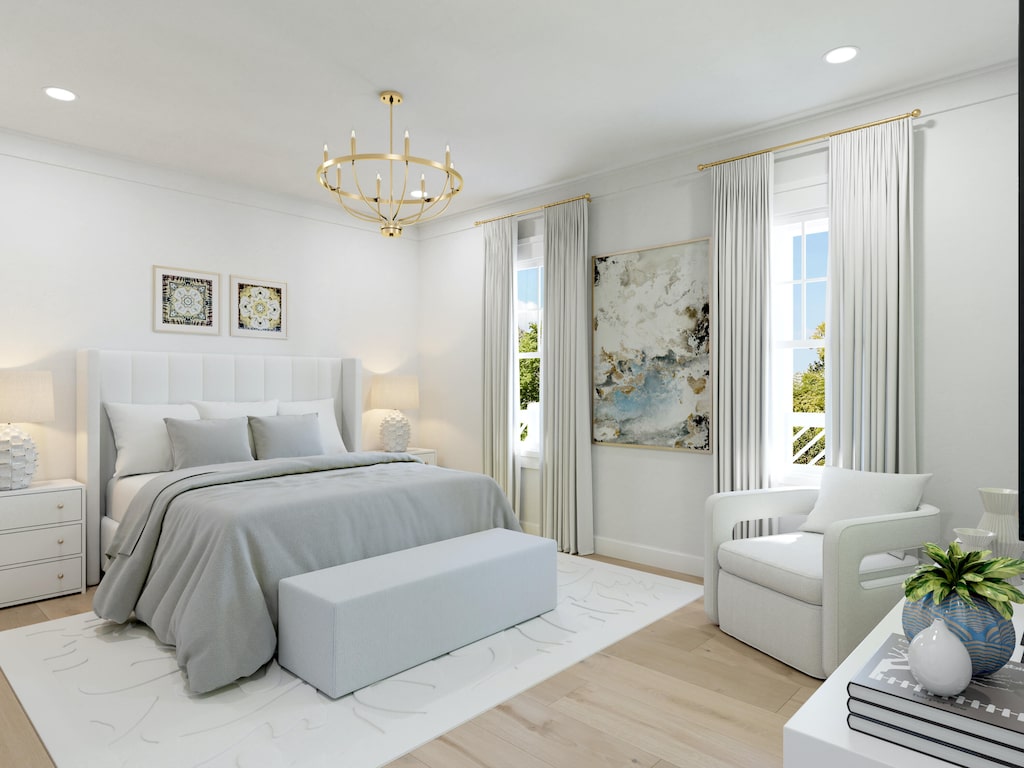 bedroom featuring a chandelier, ornamental molding, light hardwood / wood-style flooring, and multiple windows