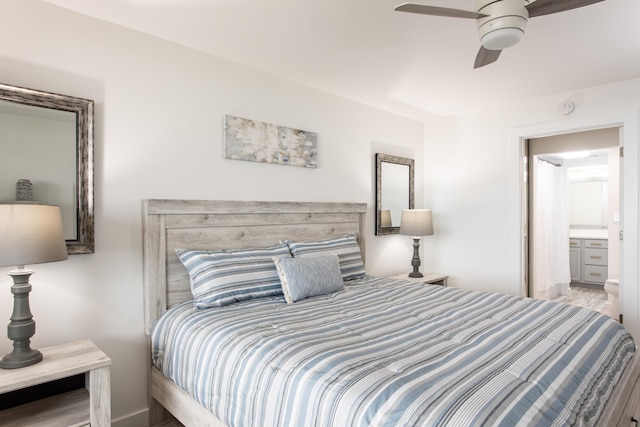 bedroom featuring connected bathroom and ceiling fan