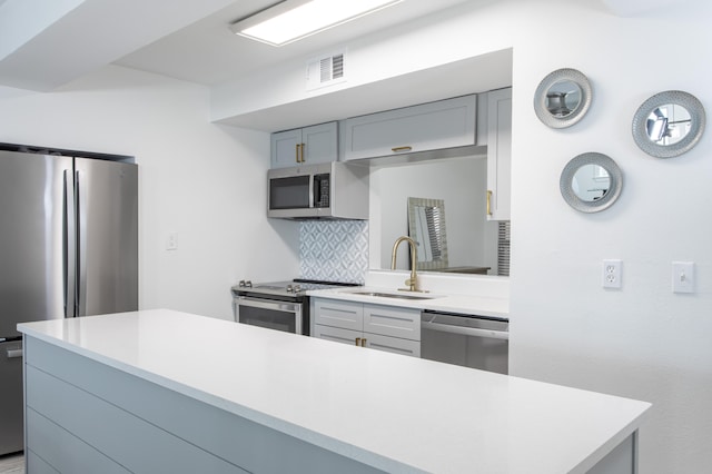 kitchen with backsplash, gray cabinetry, stainless steel appliances, and sink