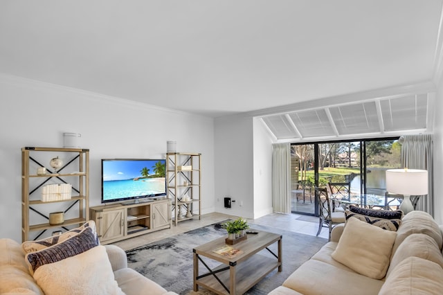 tiled living room with ornamental molding