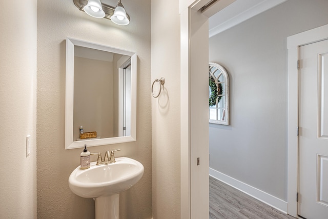 bathroom with hardwood / wood-style flooring