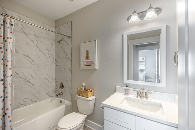 full bathroom with oversized vanity, toilet, and shower / bath combination with curtain