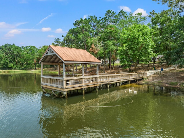 dock area featuring a water view and a gazebo