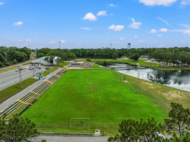 birds eye view of property featuring a water view