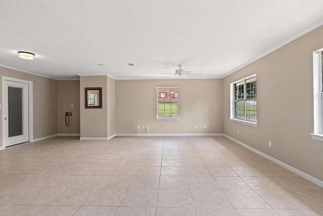 unfurnished room featuring light tile patterned floors, ornamental molding, and ceiling fan