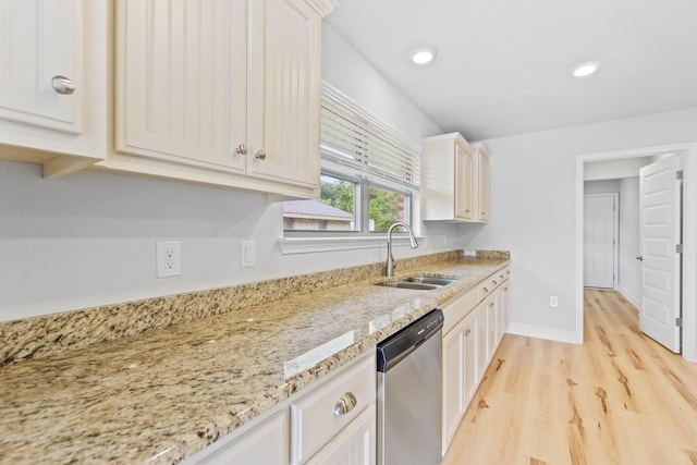 5816 Crestlake Dr, Crestview, FL 32536 - kitchen with dishwasher, a sink, light wood-style flooring, light stone countertops, and recessed lighting