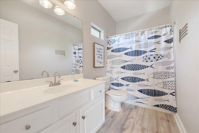 bathroom with wood-type flooring, vanity, and toilet