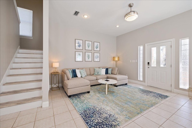 living room with light tile floors