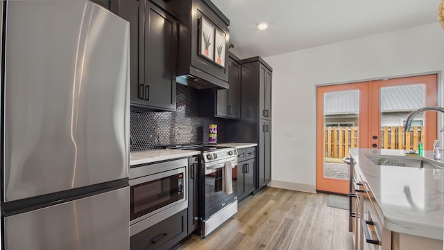 kitchen featuring wall chimney exhaust hood, light hardwood / wood-style flooring, backsplash, stainless steel appliances, and sink