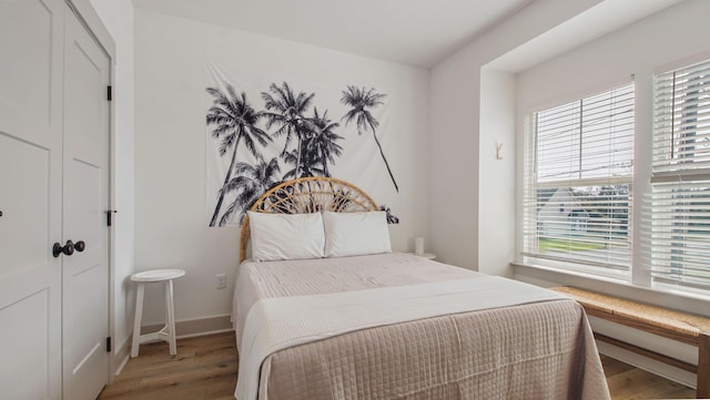 bedroom featuring wood-type flooring and multiple windows