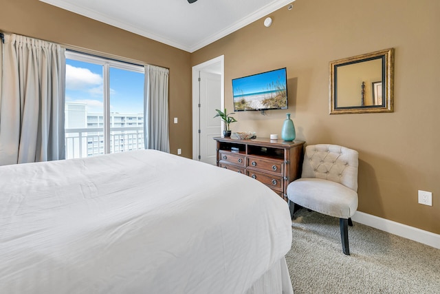 carpeted bedroom with access to exterior, baseboards, ornamental molding, and ceiling fan