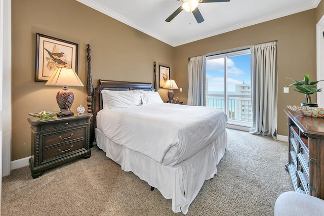 bedroom with light carpet, a water view, baseboards, access to outside, and crown molding