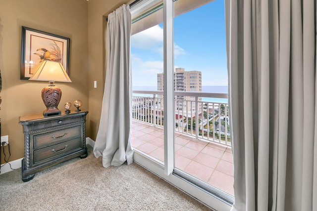 doorway to outside featuring carpet floors, a water view, and a city view