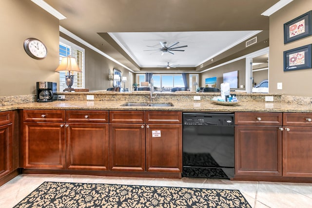 kitchen with light stone counters, black dishwasher, crown molding, visible vents, and a sink