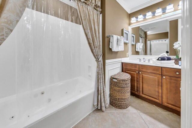 bathroom with shower / bath combo with shower curtain, ornamental molding, wainscoting, vanity, and tile patterned floors