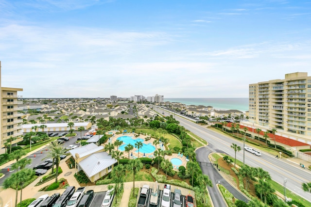 aerial view featuring a view of city and a water view