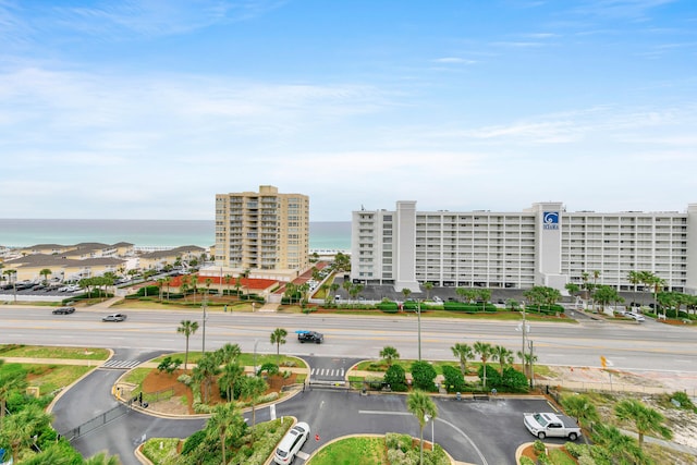 drone / aerial view with a water view