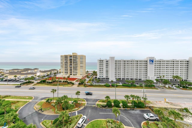 aerial view featuring a water view and a city view