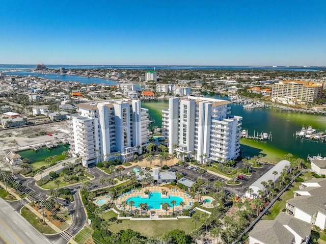 aerial view with a water view and a city view