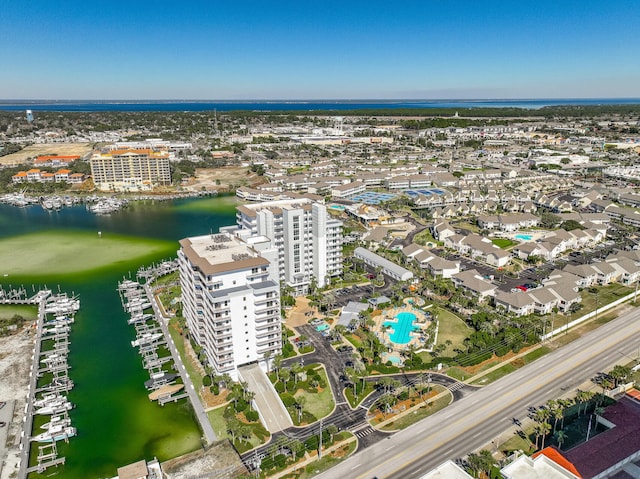 drone / aerial view featuring a water view and a city view