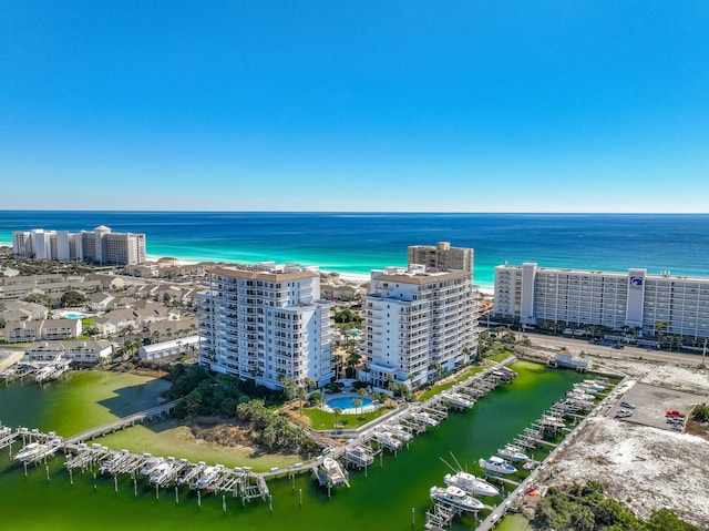 aerial view with a water view and a city view