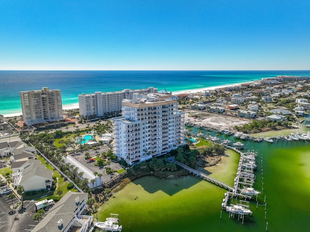 aerial view featuring a beach view and a water view