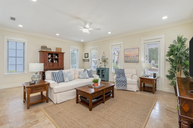 tiled living room featuring crown molding and ceiling fan